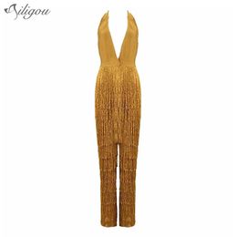 Summer Ladies Bandage Jumpsuit Yellow Tassel Bodycon Club V-Neck Party Sexy Spandex 210527