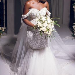 African 2021 Mermaid Wedding Dresses Plus Size Off The Shoulder Lace Appliques Bridal Gowns For Black Girls Tulle vestidos de novia