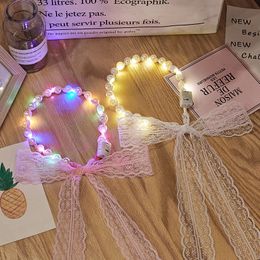 Colorful Three-speed Color-changing Flashing Wedding LED Lace Ribbon Pearl Mesh Yarn Glowing Hair Hoop Pearl Headband Hairband