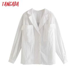 Tangada Women Pockets Oversized White Blouses Vintage Long Sleeve Button-up Female Shirts Blusas Chic Tops BE463 210609