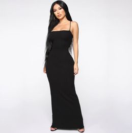 Casual Dresses Female Summer Dress Solid Colour Sleeveless Spaghetti Strap Backless Sundress Black Knitted Tight Long