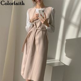 Colorfaith New 2021 Winter Spring Women Dresses Sashes Solid Split Straight Knitting Warm Sweater Elegant Office Ladies DR7199 210304