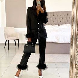 Pyjamas for Women Two-piece Chic Feather Detail Casual Pyjamas Long-sleeved Button Homewear Top and Slim Pants Set 211112