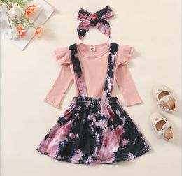 Christmas Kids Clothing Set Tie Dye Suspenders Skirts Long Sleeve Tops Headband 3pcs Sets Boutique Baby Clothing 4 Styles BT5931