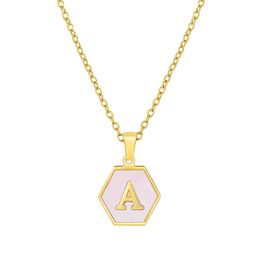 18K Gold 26 initial capital letters A to Z Alphabet hexagon shape pendant quality Stainless Steel Unique square charm necklace with pink real shell for lady girls