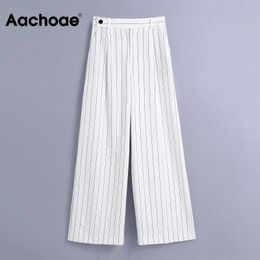 Aachoae Women Fashion Solid Color Long Pants Office Lady Striped Trousers Female High Waist Pleated Pants Mujer Pantalon Q0801