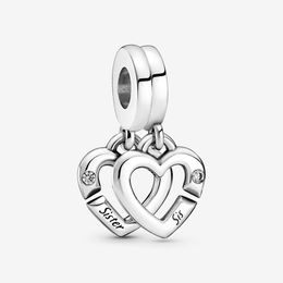 Linked Sister Hearts Split Dangle Charms Fit Original European Charm Bracelet Fashion Women Wedding Engagement 925 Sterling Silver Jewellery Accessories