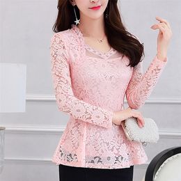 Plus Size M-4XL Lace Women clothing Pink Blusas New Lace Shirt Tops Female Elegant Long-sleeve Lace Women Blouse shirt 210302