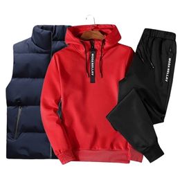 Men Outfit Set Fashion Jogger Sports Suits Hoodies+Pants+Vest Casual Tracksuit Sweat Suit 3PC Winter Jacket 211222