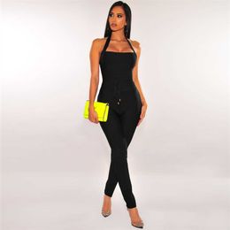 Ocstrade Fashion Tie Waist Black Bandage Jumpsuit Women High Quality Rayon Sexy Club Party 210527