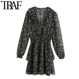 TRAF Women Chic Fashion Semi-sheer Animal Print Ruffle Mini Dress Vintage With Lining Elastic Waist Female Dresses 210303