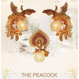resin peacock Canada - Wall Lamps Vintage Art Resin Peacock Crystal Lampshade Led Lamp Luxury Bedroom Light Living Room Indoor Lighting Decor Sconce