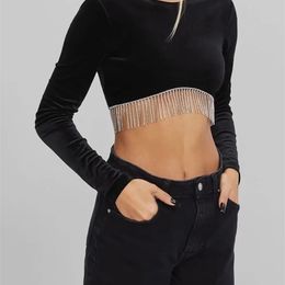 Women Clothing Sexy Front Beaded Tassel Decoration Dew Back Femme T-Shirts Lady Long Sleeve Short Chic Crop TopS 210311