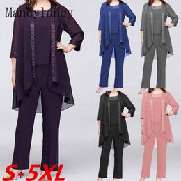 Mandylandy Chiffon Women Sets Casual Suit Mid-Rise Tops Straight-Leg Pants Cardigan Sets Lace Solid Colour 3 Piece Outfits