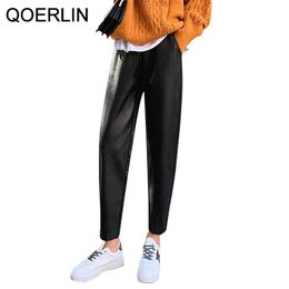 Leather PU Pants Women Elastic Waist Ankle-Length Trouser Girls European and American Style High 210601