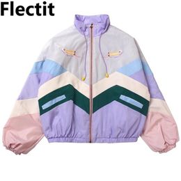 Flectit Women Pastel Bomber Jacket Cute Embroidery Colour Block Duster Souvenir Sukajan Japanese Girls Harajuku Style * 211014