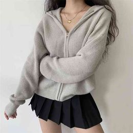 Women Drop Shoulder Zip Up Slouchy Knit Hooded Cardigan Chunky Relaxed 210922