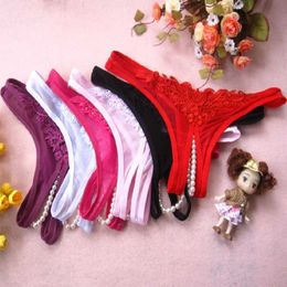 Women Briefs Sexy Underwear Bowknot Lace Open Crotch Panties Pearl Bead Underpants T String Thongs Porn Lingerie