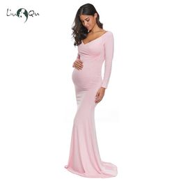 Women's Off Shoulder Maternity Slim Fitted Gown Cross-Front V Neck Wrap Ruched Long Sleeve Pregnancy Maxi Photography Dress Q0713