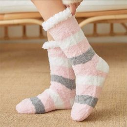 Soft Coral Fleece Female Striped Comfy Floor Sock Fuzzy Socks Women Warm Plush Bedroom Silicone Non-slip Women's Slippers Sock 211204
