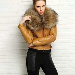 Women's Fur & Faux 2021 Winter Leather Jacket Leopard Colour Real Sheepskin Coats With Big Raccoon Collar Female Short Clothing