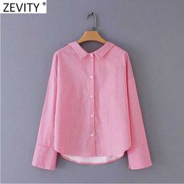 Zevity Women Fashion Double Collar Striped Print Casual Smock Blouse Office Ladies Shirts Chic Retro Blusas Tops LS7570 210603