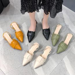 Sandals Summer Women Pointed Toe Female Round Heel Back Strap Shoes Solid Ladies Footwear Rubber 2022 PU Fashion Elegant Shoe