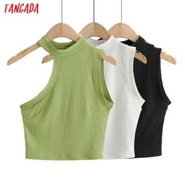 Tangada Summer Women Hollow Out Green Tank Top Sleeveless Backless Female Tops 4P67 210609