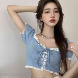 Retro lace shirt women's summer design short chic denim sleeve top 210529