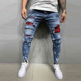 Men's Quilted Embroidered jeans Skinny Jeans Ripped Grid Stretch Denim Pants MAN Patchwork Jogging Trousers S-3XL 210716