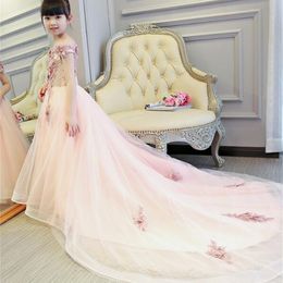 Pink Girls Shoulderless Wedding Dress Long Trailing Party Tulle Princess Birthday Dress Christmas Gown First Communion Dresses 210303