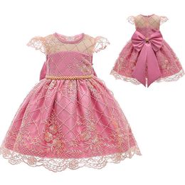 Baby Girl Clothes Formal Party Dresses Fashion Flower Embroidery Mesh Girls Dress Cute Big Bow Pink Princess Dress Birthday Gift G1129
