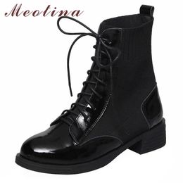 Meotina Women Ankle Boots Winter Natural Genuine Leather Thick Heels Short Boots Stretch Lace Up Ladies Shoes Autumn Size 33-43 210608