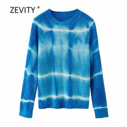 women fashion o neck long sleeve tie dyed printing casual knitting sweater female leisure Jumpers chic pullovers tops S332 210603