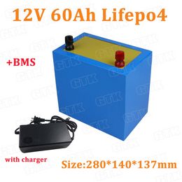 12V 60Ah Lifepo4 lithium battery pack with 60A BMS for Street Lights camping backup power boating machine +5A charger