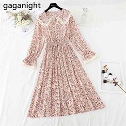 Vintage Lace Peter Pan Collar Butterfly Sleeve Dresses Basic Ruffle Chiffon Robes Floral Print Ladies Fashion Vestido 210601