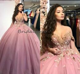 Princess Rose Pink Ball Gown Quinceanera Dresses 2021 Sexy Off The Shoulder Tulle Sweet 16 Dress Applique Beaded Prom Pageant Party Dress