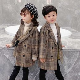 Boys and Girls Woolen Coats 2021 New Autumn and Winter Mid-length Western-style Plaid Children's Woolen Thick Woolen Coat H0909