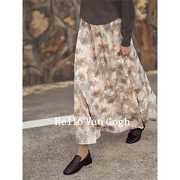 Vintage Floral Print Chiffon Long Skirts for Women Elastic High Waist Korean Summer Black Pink White Skirt 210529