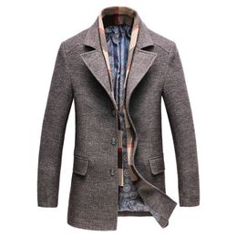 Winter Trench Coat Men Thick Wool & Blends Jacket Detachable Scarf Casual Mens Woolen Coat Grey Long Male Outerwear 2pcs