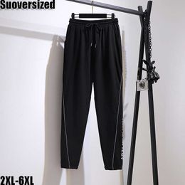 Suoversized 6xl Women's Black Ankle-Length Pants Large Size Easy Casual Sweat Pants Women High Waist Wide Leg Pant Q0802