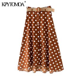 KPYTOMOA Women Chic Fashion Polka Dot With Belt Midi Skirt Vintage High Waist Button-up Irregular Female Skirts Mujer 210309