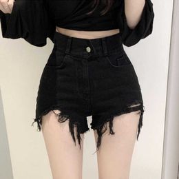 WOMENGAGA Korean High Waist Thin Drawing Hole Tassel Solid Colour Denim Shorts Trend Women Sexy Black N9O3 210603