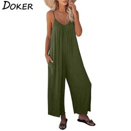 Summer Solid Colour Sling Sleeveless Jumpsuit Women Plus Size Loose Casual Party Rompers Pocket Female Clothing 210603