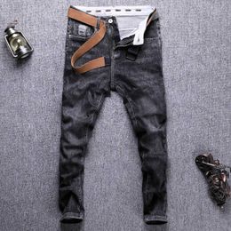 Korean Style Fashion Men Jeans High Quality Retro Black Gray Elastic Slim Fit Designer Vintage Casual Denim Pants JAU0