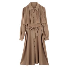 PERHAPS U Women Black Khaki Solid Ruched Turn Down Collar Chiffon Sash Long Sleeve Midi Dress Casual D2459 210529