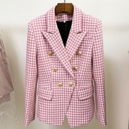 Womens HIGH STREET est Fashion Designer Jacket Womens Double Breasted Lion Buttons Wool Tweed Houndstooth Blazer
