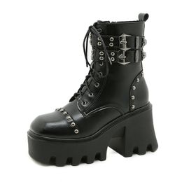 New Sexy Girls Chain Women Leather Autumn Boots Block Heel Gothic Black Punk Style Platform Shoes Female Footwear High Quality