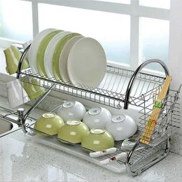 Large Dish Drying Rack Cup Drainer 2-Tier Strainer Holder Tray Stainless Steel Kitchen Accessories organizador de cocina 211110