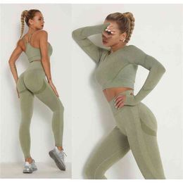 Seamless Women Sport Set For Gym Long Sleeve Top High Waist Belly Control Leggings Clothes Seamless Sport Suit Sexy Booty Girls 210709